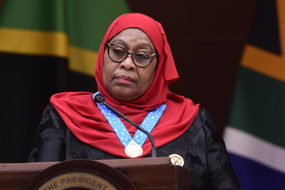 Tanzanian President Samia Suluhu Hassan at a news conference in Pretoria, South Africa, Thursday, March 16, 2023. Hassan, on a state visit to the country has, urged more security cooperation and trade between the two countries. (AP Photo/Frans Sello waga Machate)