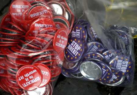 Anti-Brexit badges are bagged up and ready to be handed out at the annual Labour Party Conference in Liverpool, Britain, September 23, 2018. REUTERS/Phil Noble