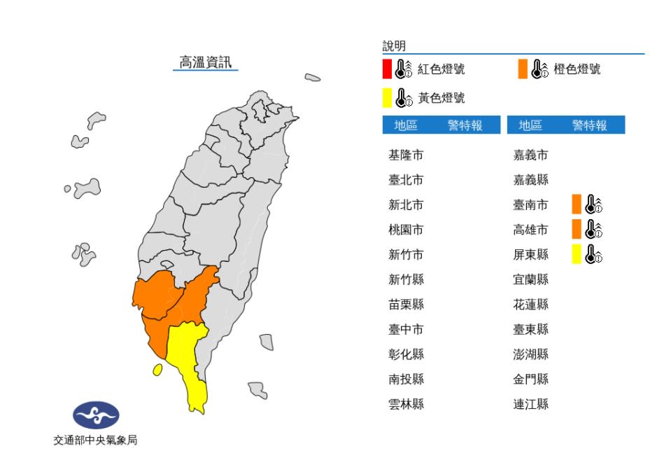 今天中午前後台南市、高雄市、屏東縣近山區或河谷高溫恐達36度以上。