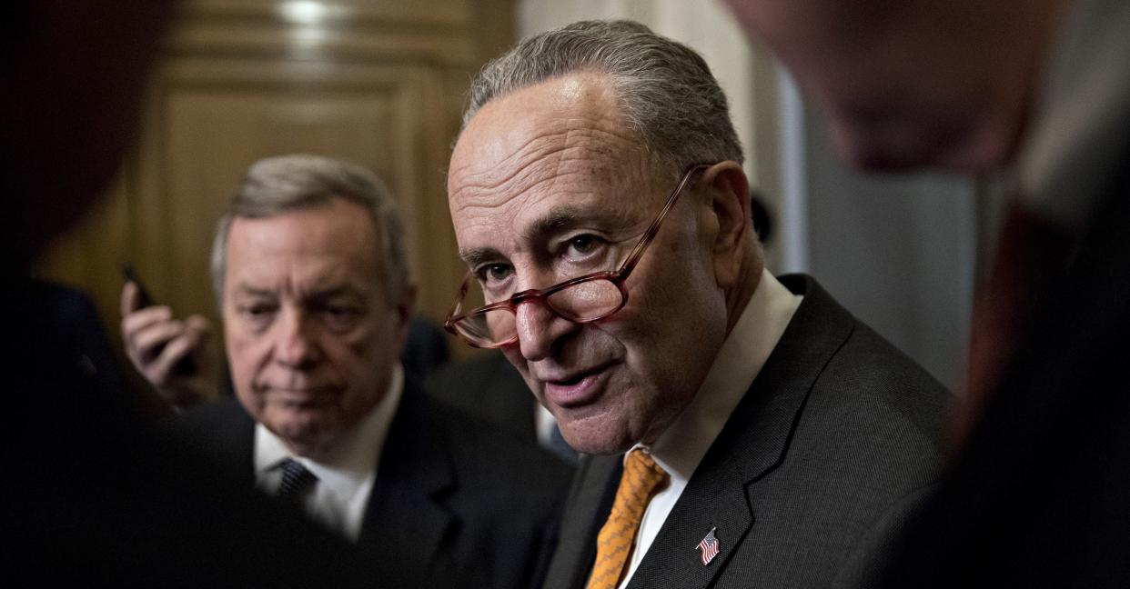 Senate Minority Leader Chuck Schumer (D-N.Y.) speaks to reporters at the Capitol on Jan. 9, before a meeting with President&nbsp;Donald Trump on the partial government shutdown. The stalemate over unfilled posts at federal agencies is just as serious. (Photo: Andrew Harrer/Bloomberg via Getty Images)