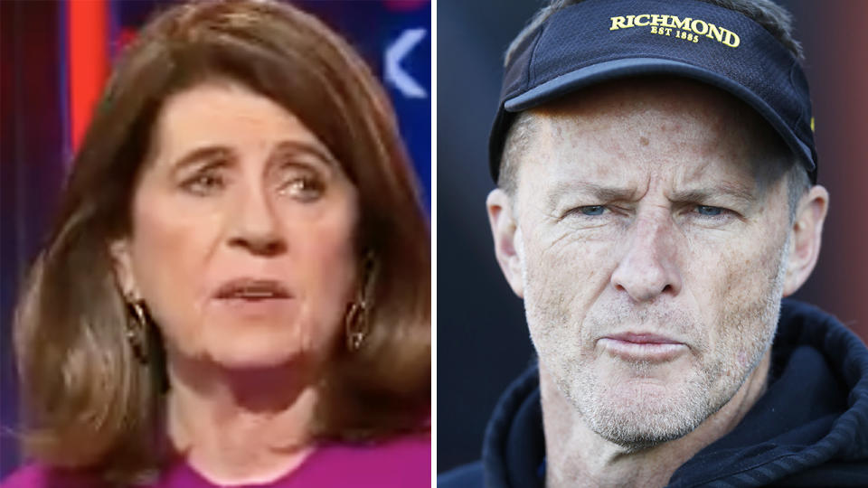 AFL journalist Caroline Wilson (left) suggested Richmond coach Damien Hardwick (right) is responsible for the team's sub-par season.