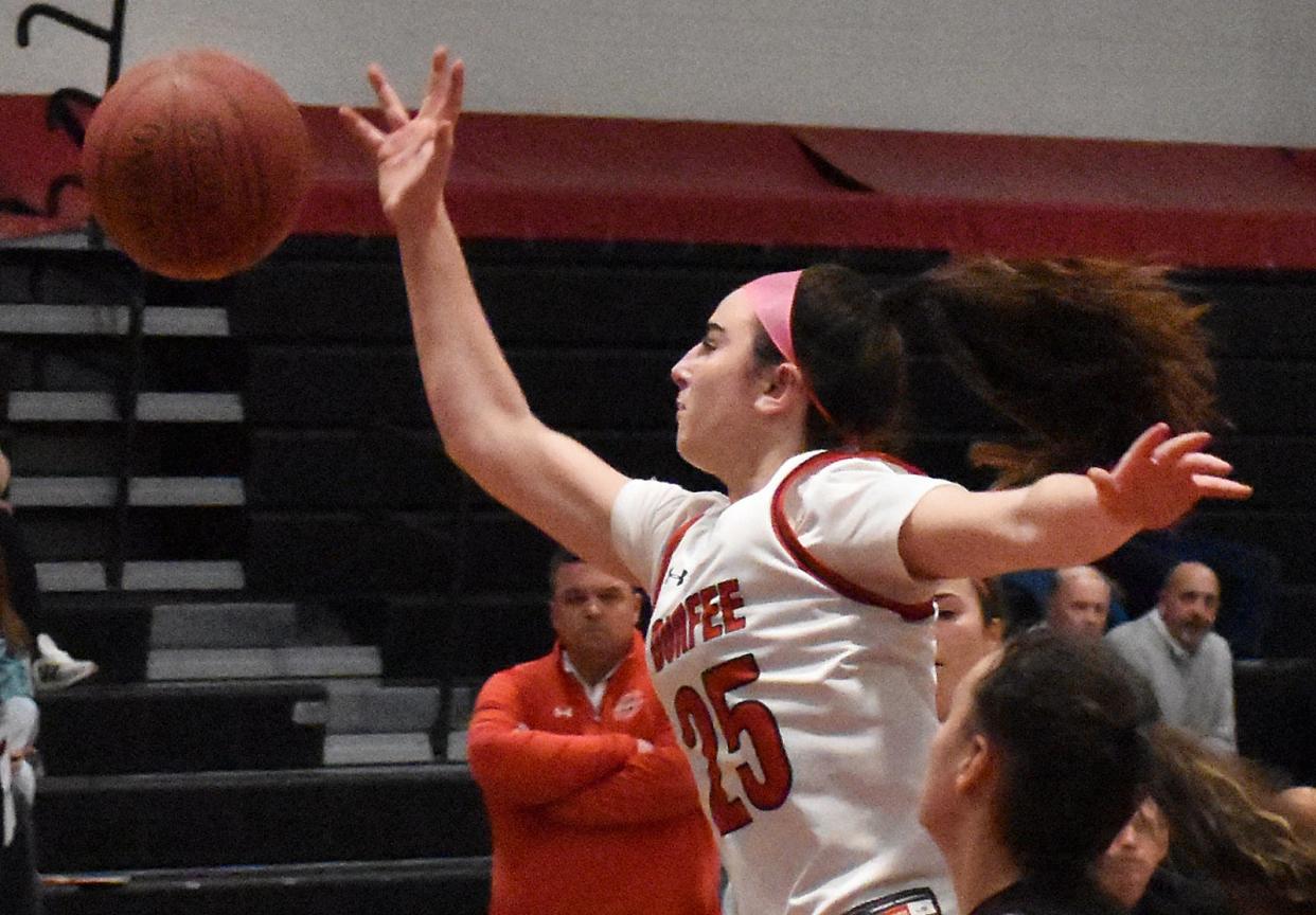 Durfee's Maddie Hargraves gets to a loose ball against Lynn English.