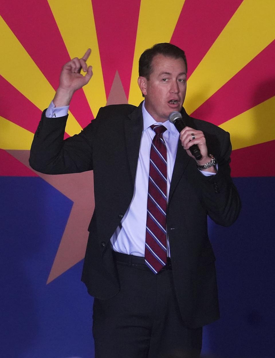 Jeff DeWit, chair of the Arizona Republican party, speaks during a rally for Kari Lake, the former GOP candidate for governor, at the Orange Tree Golf Club in Scottsdale on Jan. 29, 2023.