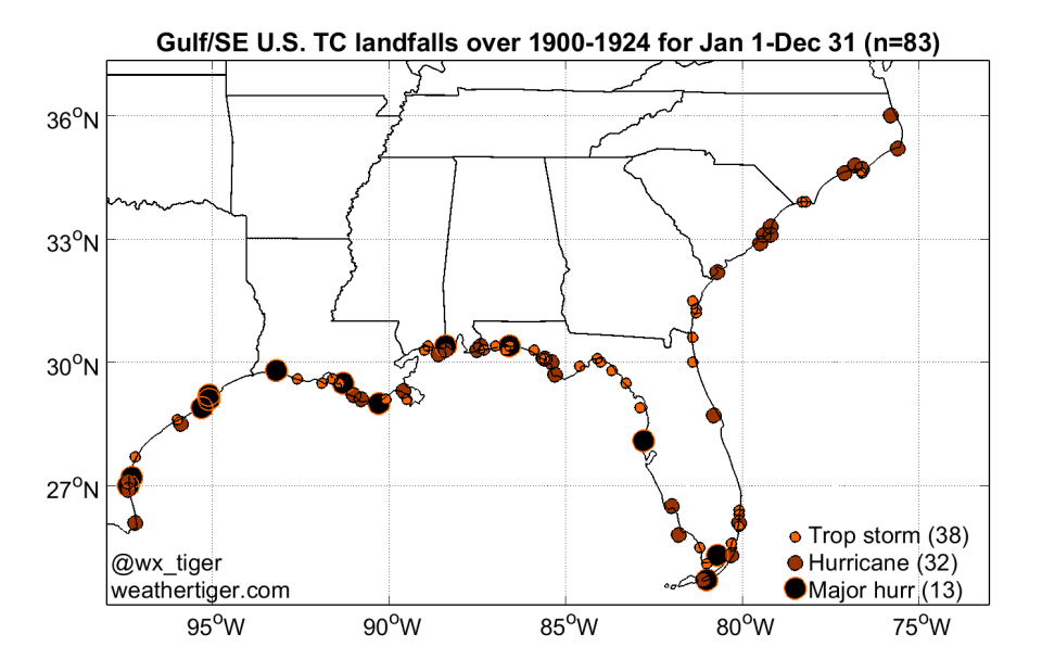 Tropical cyclone landfalls between 1900 and 1924.