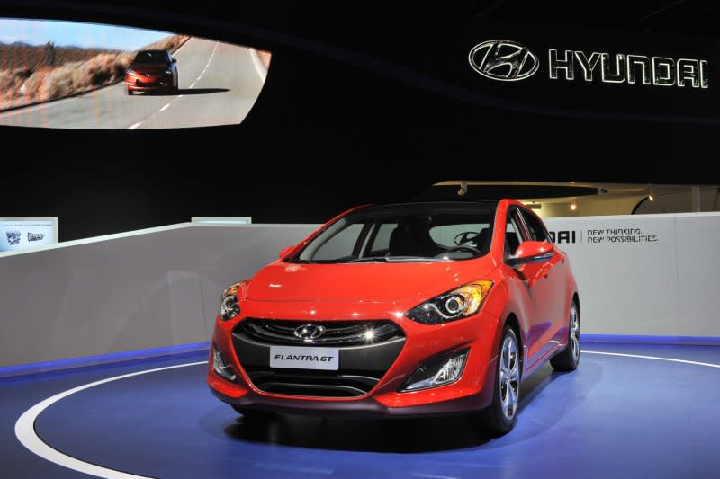 Hyundai's 2013 Elantra is part of an "urgent recall" issued Wednesday by the National Highway Traffic Safety Administration for 3.3 million Hyundai's and Kia's due to a fire risk, as owners are urged to park outside and away from buildings. File photo by Brian Kersey/UPI