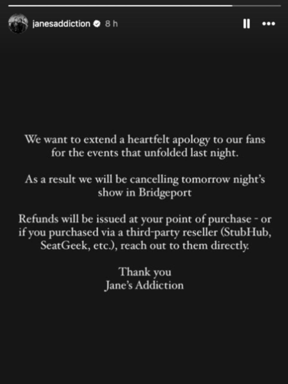 A statement shared from the Jane’s Addiction Instagram account (Instagram/Jane’s Addiction)