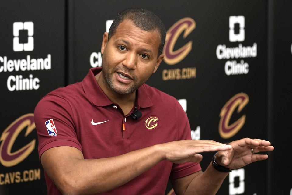 Koby Altman, president of basketball operations for the Cleveland Cavaliers, answers a question at a news conference in Brecksville, Ohio, Friday, May 24, 2024. (AP Photo/Sue Ogrocki)