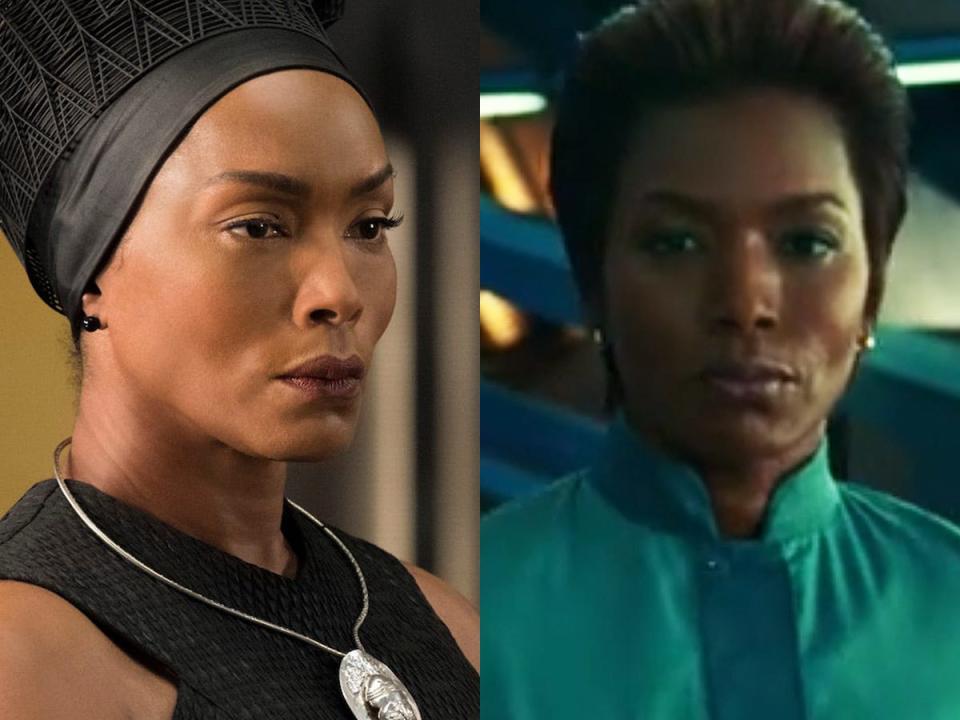 On the left: Angela Bassett as Queen Ramonda in "Black Panther." On the right: Bassett as Dr. Amanda Waller in "Green Lantern."