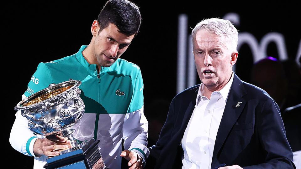 Novak Djokovic and Craig Tiley, pictured here after the Australian Open final in 2021.