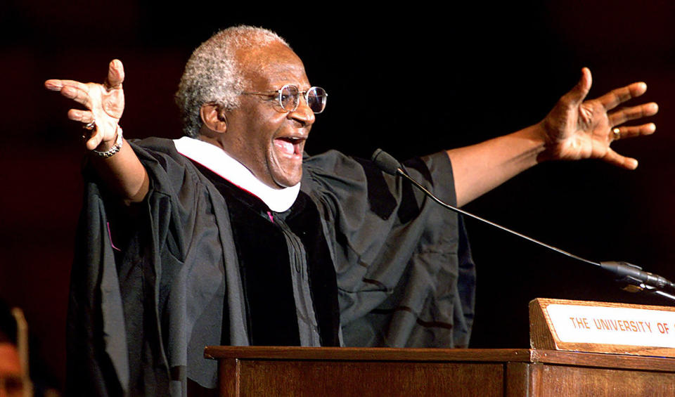 FILE - Archbishop Emeritus Desmond Tutu addresses new University of Oklahoma graduates, at a ceremony at the university after he received a honorary degree April 25, 2000 in Norman, Okla. When Tutu died Sunday, Dec. 26, 2021 at age 90, he was remembered as a Nobel laureate, a spiritual compass, a champion of the anti-apartheid struggle who turned to other global causes after Nelson Mandela, another moral heavyweight, became South Africa's first Black president. (AP Photo/J. Pat Carter, File)