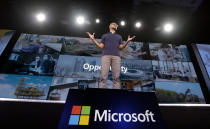 Microsoft CEO Satya Nadella delivers the keynote address at Build, the company's annual conference for software developers Monday, May 6, 2019, in Seattle. (AP Photo/Elaine Thompson)