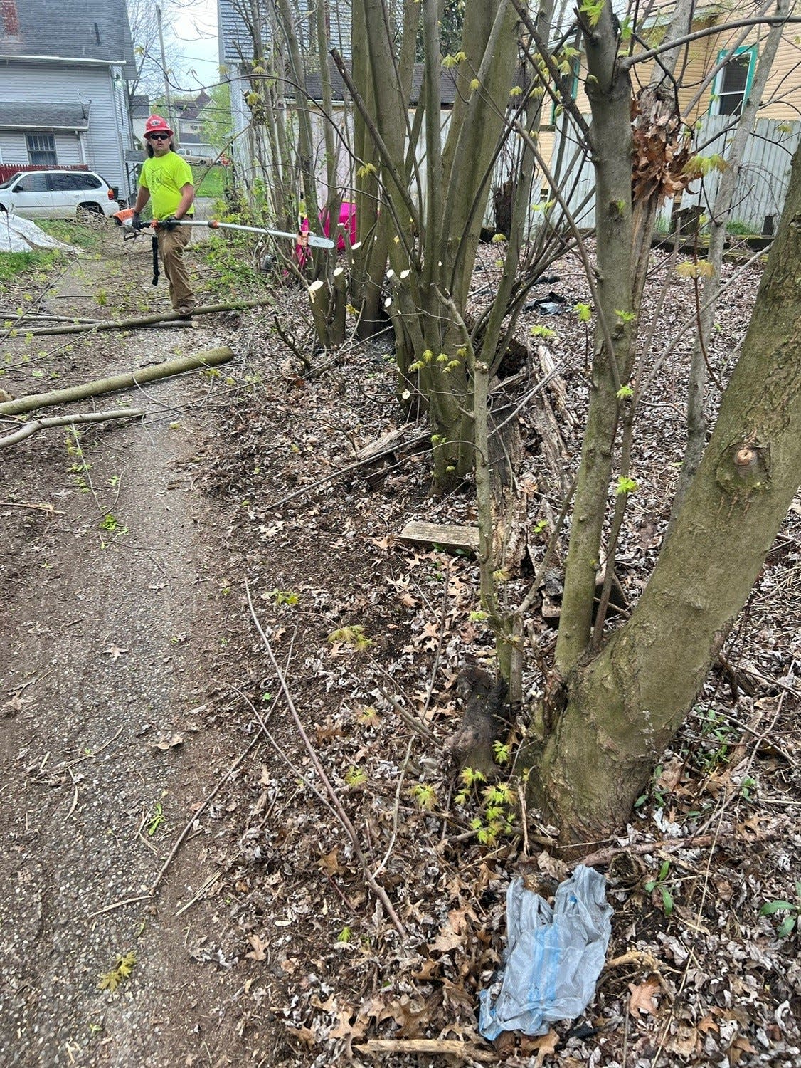 A worker with Dirty Hands Excavating and Restoration removes brush from an alley in Canton as part of Mayor William V. Sherer II's neighborhood transformation initiative. He wants to pave every alley in the city over the next four years.