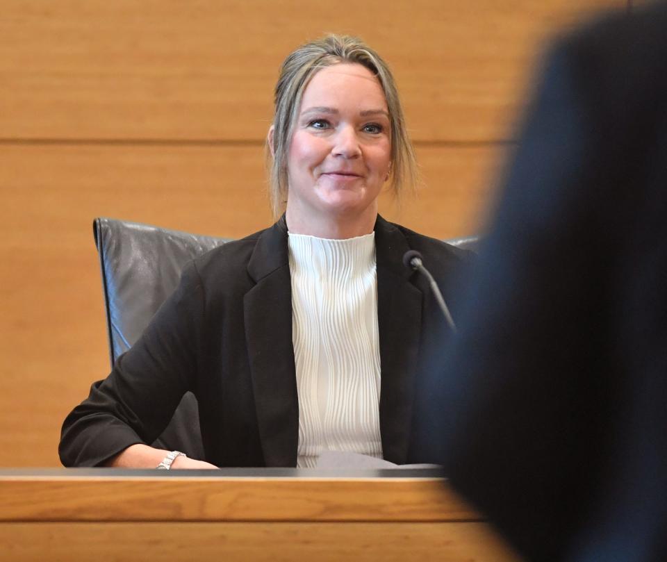 Haley Smith, sister of Jabe Carney, right, speaks about her brother during a resentencing hearing for Jabe Tuesday at the Manatee County Judicial Center. Carney was sentenced in 2008 for DUI manslaughter in the death of his friend, Jason Gibson.