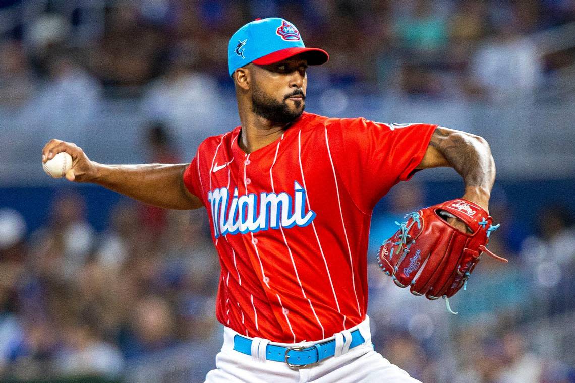 Miami Marlins pitcher Sandy Alcantara (22) throws the ball during the second inning of an MLB game against the Los Angeles Dodgers at loanDepot park in the Little Havana neighborhood of Miami, Florida, on Saturday, August 27, 2022.