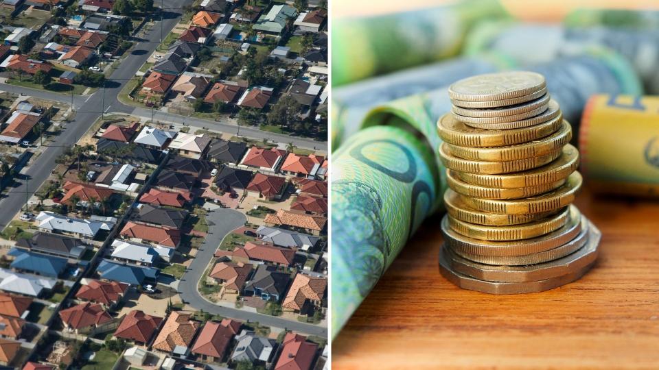 Aerial view of houses in Australian suburb, close image of Australian coins and $100 and $50 notes. 