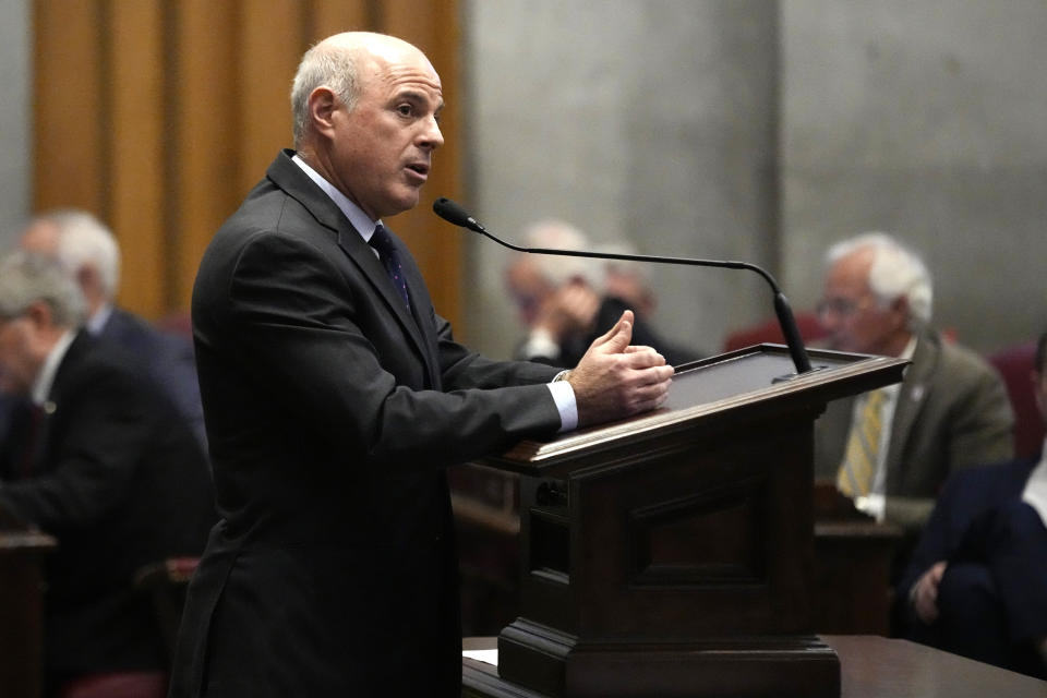 Rep. Gino Bulso, R-Brentwood, presents a bill on the House floor that would prevent Pride flags from being displayed in schools during a legislative session, Monday, Feb. 26, 2024, in Nashville, Tenn. (AP Photo/George Walker IV)