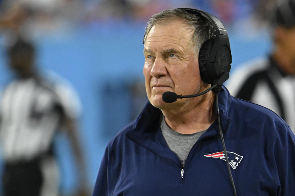 New England Patriots head coach Bill Belichick walks on the sideline in the first half of an NFL preseason football game against the Tennessee Titans Friday, Aug. 25, 2023, in Nashville, Tenn. (AP Photo/John Amis)