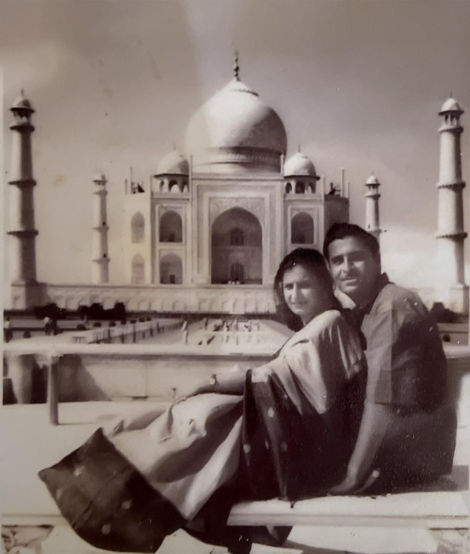 Neha Aziz's grandparents pose by the Taj Mahal in the early 1960s, before border restrictions made it difficult for Pakistanis to travel to India. Aziz, who lives in Austin, created the podcast "Partition" to explore the horrific events around the division of India and Pakistan that haunt South Asians generations later.