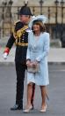 <p> All mothers look forward to the day they see their daughters marry their prince, only in Carole Middleton's case, that was quite literally the case. </p> <p> For William and Kate's 2011 wedding, the mother of the bride Carole wore a pearly blue wool crepe coat dress with matching satin piping and braiding at the waist and cuff. It was from designer Catherine Walker- a favourite of the late Princess Diana. </p> <p> She wore this over a sky-blue silk shantung day dress. Carole also wore a hat by Berkshire-based milliner Jane Corbett. </p>
