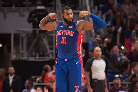 Oct 17, 2018; Detroit, MI, USA; Detroit Pistons center Andre Drummond (0) celebrates during the third quarter against the Brooklyn Nets at Little Caesars Arena. Mandatory Credit: Tim Fuller-USA TODAY Sports