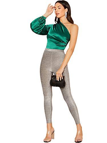 15) SOLY HUX Women's Sexy One Shoulder Long Sleeve High Waist Satin Bodysuit Green XS