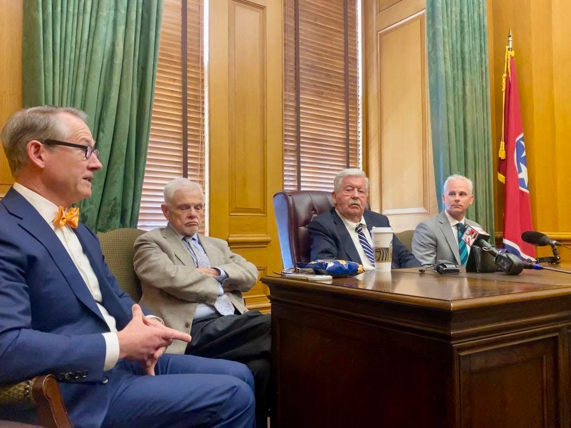 Senate Finance Committee Chairman Sen. Bo Watson, R-Hixson, talks to reporters alongside Sen. Ken Yager, R-Kingston, Lt. Gov. Randy McNally, R-Oak Ridge, and Sen. John Stevens, R-Huntingdon on Thursday, March 21, 2024.