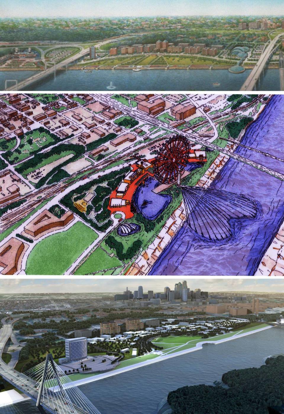 Several renderings have been published in The Star for proposed development along Kansas City’s riverfront. The top shows a plan envisioned in 1997, when Berkley Riverfront Park was being developed. The middle shows a plan put forth in 2007 by then-mayoral candidate Stan Glazer that would feature a giant Ferris wheel. The bottom shows a plan centered around offices for the federal Government Services Administration.