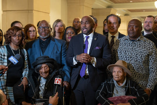 Attorney Damario Solomon-Simmons of Justice for Greenwood Foundation holds a press conference with Tulsa Race Massacre survivors “mother” Lessie Benningfield Randle and “mother” Viola Ford Fletcher, both 109, at the Oklahoma Supreme Court on Tuesday, April 2, 2024. (Photo by Mike Creef/theGrio)