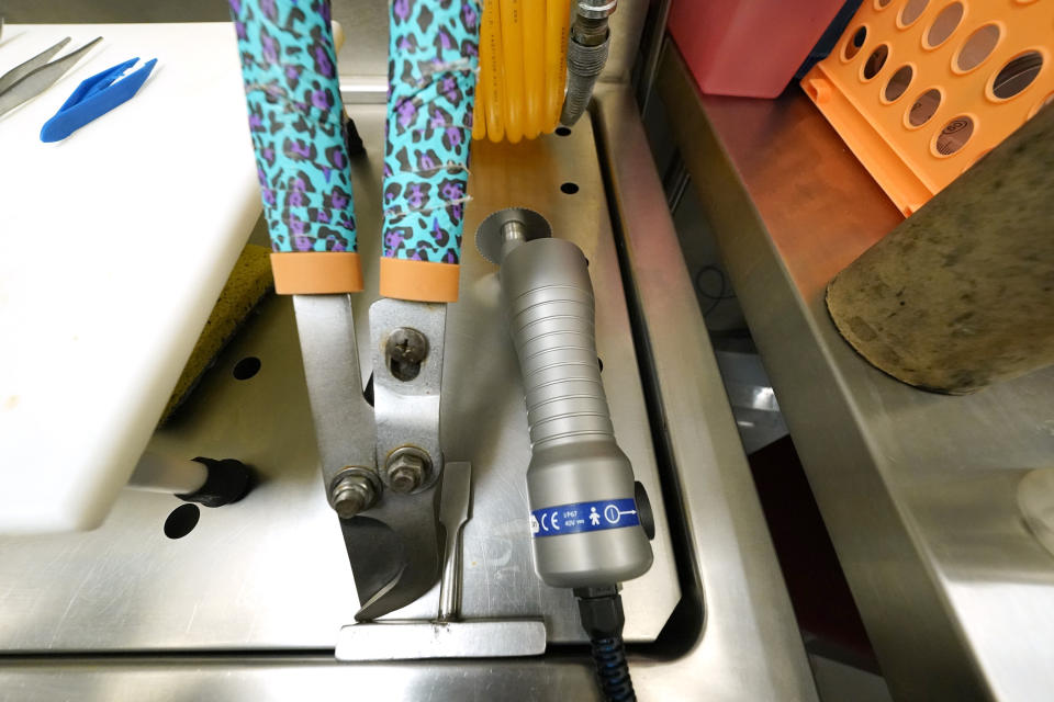 A modified and personalized rib sheers, left, and one of several new autopsy saws are arranged in each of the four autopsy bays at the Mississippi Crime Laboratory in Pearl, Miss., Aug. 26, 2021. (AP Photo/Rogelio V. Solis)