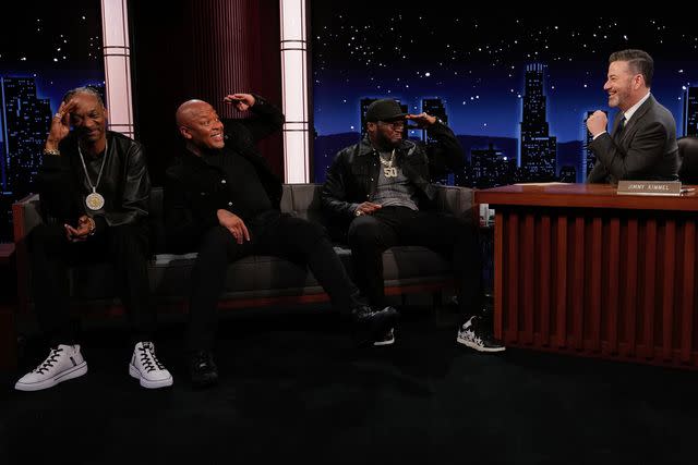 <p>Disney/Randy Holmes</p> Snoop Dogg, Dr. Dre and 50 Cent on Jimmy Kimmel Live! on March 19, 2024