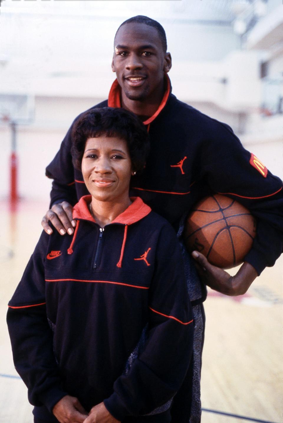 Deloris Jordan and her son wear matching Nike Jordan Brand apparel.