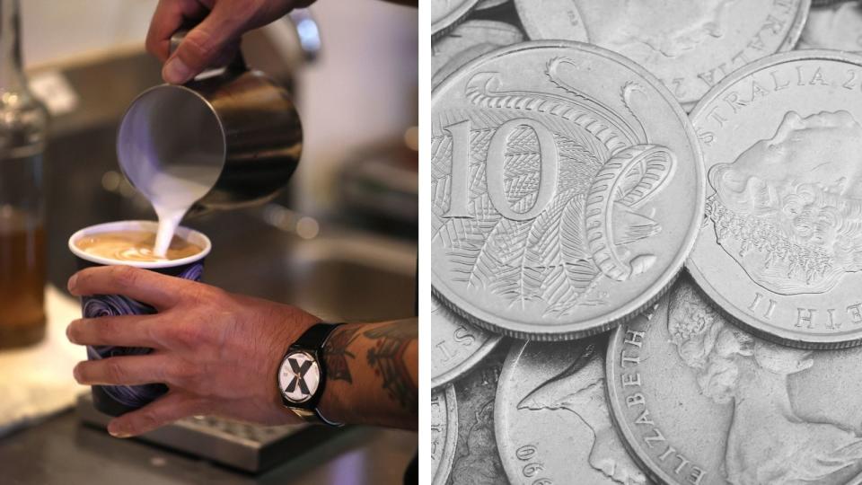 Man pouring coffee and 10 cent coins