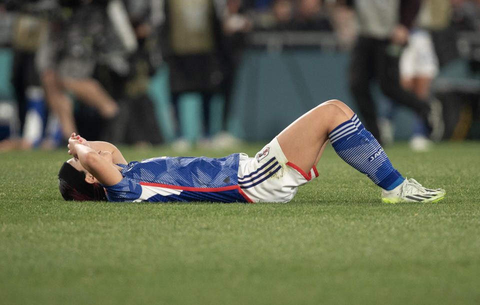 AUCKLAND, NEW ZEALAND - AUGUST 11: Jun Endo of Japan looks dejected after the FIFA Women's World Cup Australia & New Zealand 2023 Quarter Final match between Japan and Sweden at Eden Park on August 11, 2023 in Auckland, New Zealand. (Photo by Joe Prior/Visionhaus via Getty Images)