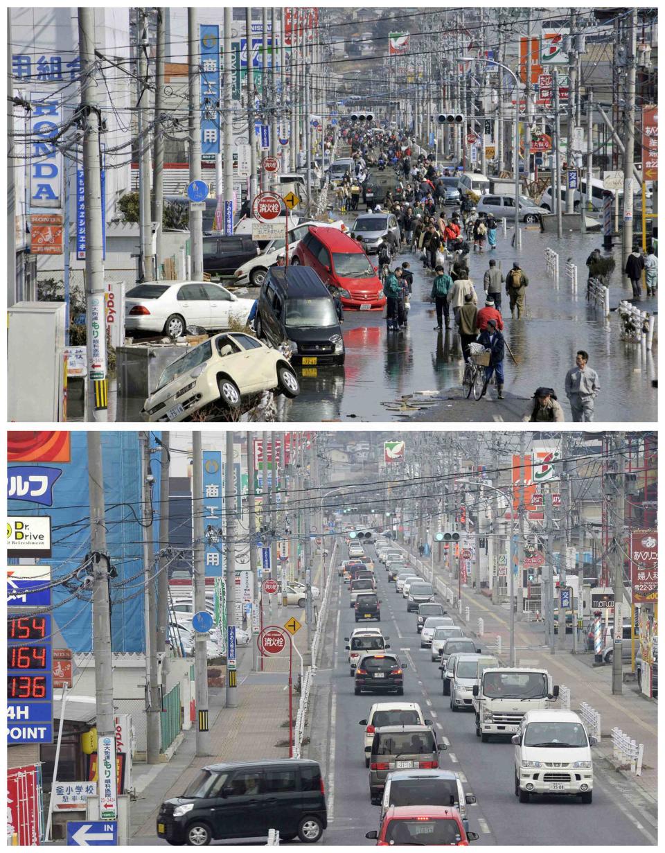 Combination photo shows an area in Ishinomaki after it was devastated by a tsunami and after recovery efforts