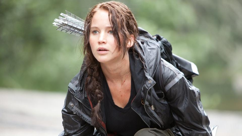 Jennifer Lawrence fights in the Hunger Games as Katniss Everdeen. 