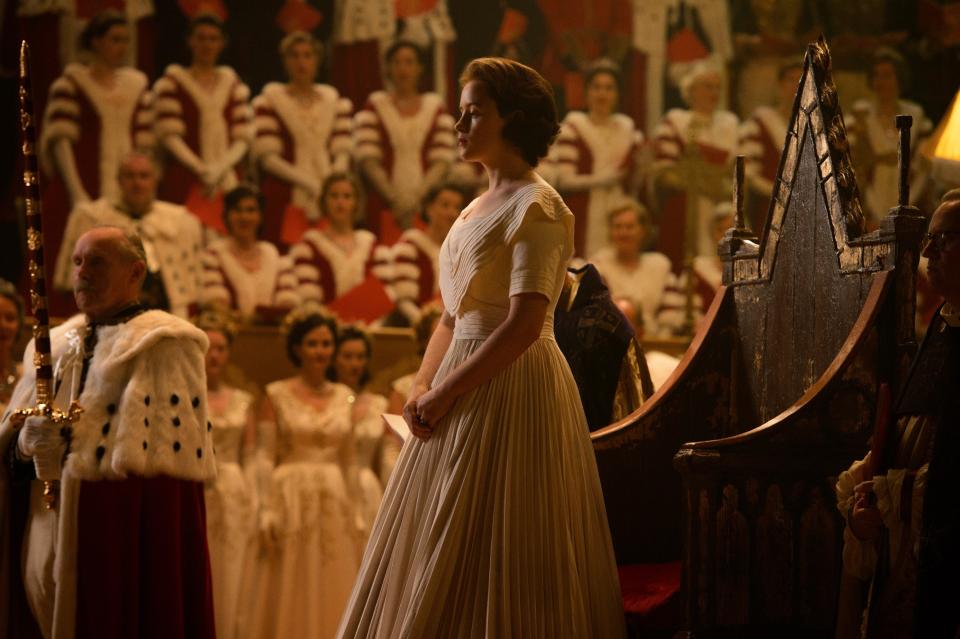 a simpler gown as the Queen gets anointed in "The Crown"
