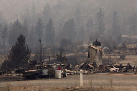 Debris of a burnt home is pictured near Alta Lake Golf Course after much of the surrounding area was consumed by the Carlton Complex Fire near Pateros, Washington July 19, 2014. REUTERS/David Ryder