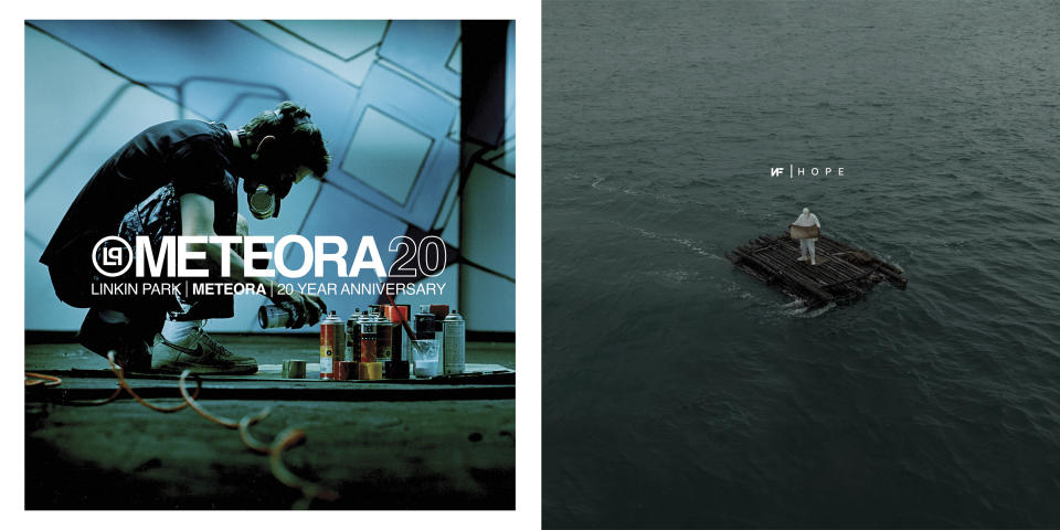This combination of album art images shows “Meteora” a 20th anniversary edition by Linkin Park, left, and "Hope," a 13-track album by Michigan rapper NF. (Warner Records via AP, left, and NF Real Music/Virgin Music via AP)