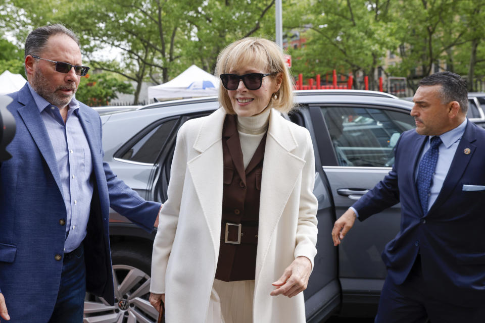 E. Jean Carroll arrives at federal court in New York, Wednesday, May 3, 2023. Carroll on Monday wrapped up three days of testimony in the trial stemming from her lawsuit against former President Donald Trump. (AP Photo/Stefan Jeremiah)