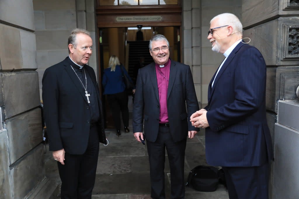 Archbishop Eamon Martin, left, Primate of All Ireland; Church of Ireland Archbishop of Armagh John McDowell, centre, and Rev David Bruce, Moderator of the Presbyterian Church (Peter Morrison/PA) (PA Wire)