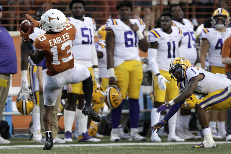 LSU CB Kristian Fulton (1) was beaten for a late touchdown by Texas' Brennan Eagles. (Getty Images)