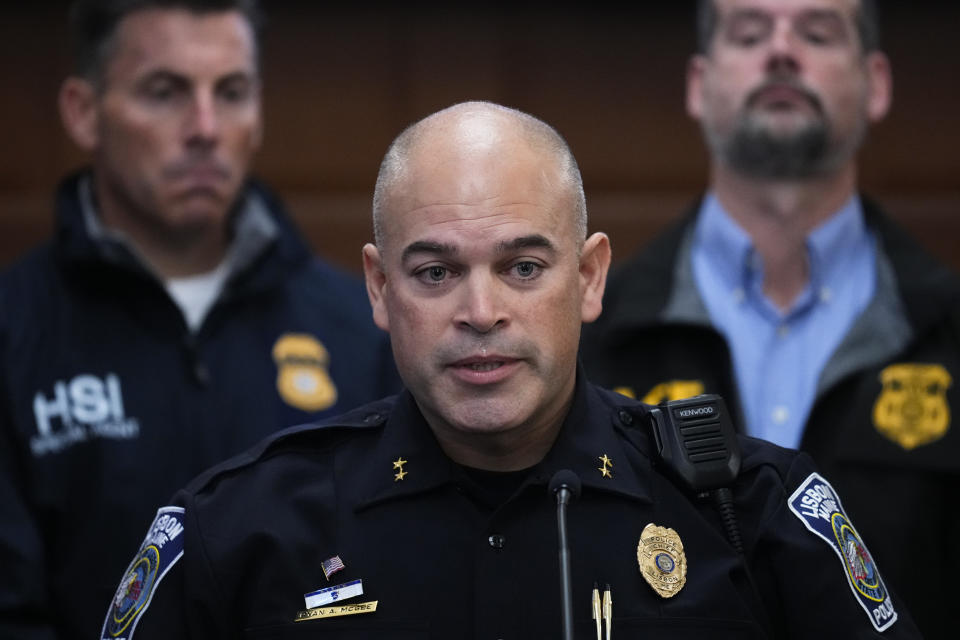 Lisbon Police Chief Ryan McGee speaks during a news conference in Lewiston, Maine, Saturday, Oct. 28, 2023. Shooting suspect Robert Card, a firearms instructor who grew up in the area, was found dead Friday, in nearby Lisbon Falls. (AP Photo/Matt Rourke)