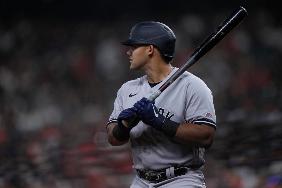 New York Yankees center fielder Jasson Dominguez stands in for his first Major League at bat during the first inning of a baseball game against the Houston Astros, Friday, Sept. 1, 2023, in Houston. (AP Photo/Kevin M. Cox)