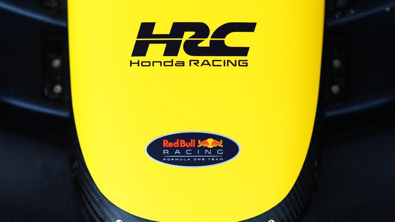 Honda branding is pictured on the nose of the Red Bull Racing RB18 in the garage during practice ahead of the F1 Grand Prix of Japan at Suzuka International Racing Course on October 07, 2022 in Suzuka, Japan. 