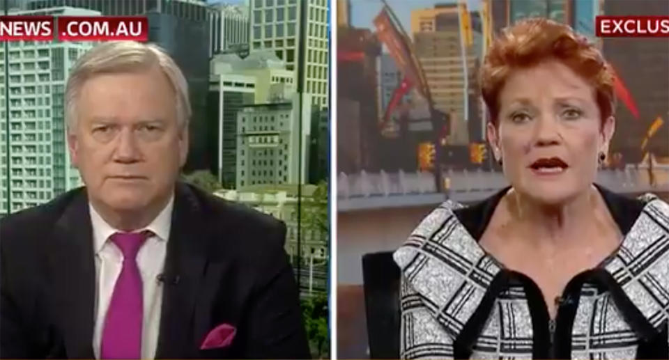 Andrew Bolt pressed Senator Hanson on her comments about ‘precision shots’ at Port Arthur. Source: Sky News