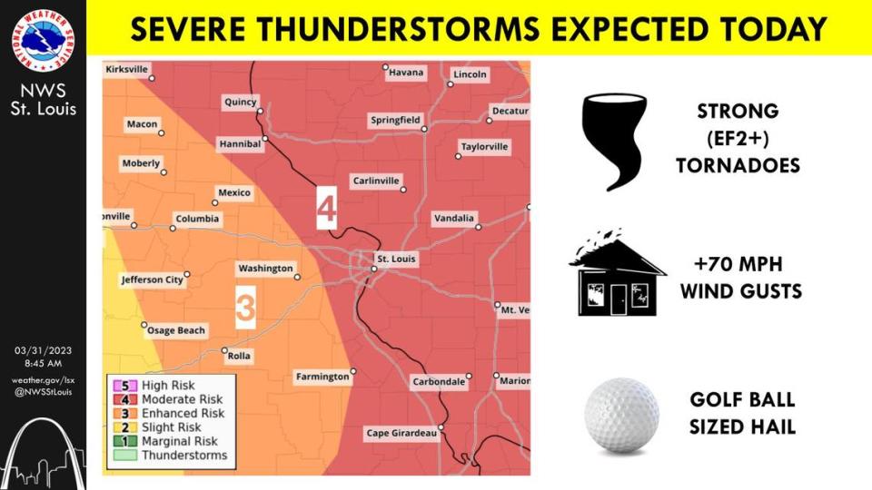 The metro-east can expect a 1-2 punch of very severe weather Friday, according to a meteorologist with the National Weather Service of St. Louis. The first wave likely will come through around 3-4 p.m. with the second around around 6-7 p.m. while being completely out of the area by 9 or 10 p.m.