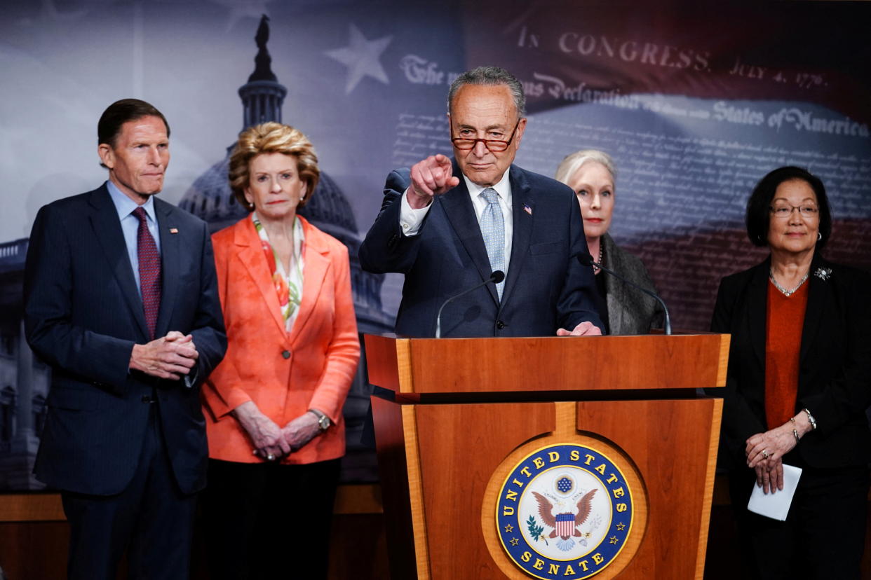 U.S. Senate Majority Leader Chuck Schumer speaks about abortion rights during a news conference with Democratic senators on Capitol Hill. (Reuters)