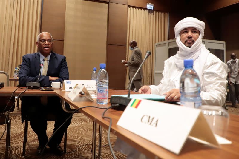El-Gassim Wane, Special Representative of the United Nations Secretary General in Mali and Head of Minusma, and Attaye Ag Mohamed, Representative of the Coordination of Azawad Movements (CMA) attend a meeting with the United Nations Security Council delega