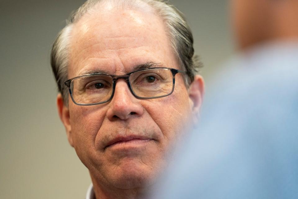 Sen. Mike Braun talks with attendees of the National Federation of Independent Businesses gubernatorial candidate forum and luncheon on Tuesday, March 19, 2024, at the Wellington Fishers Banquet & Conference Center in Fishers, Indiana.