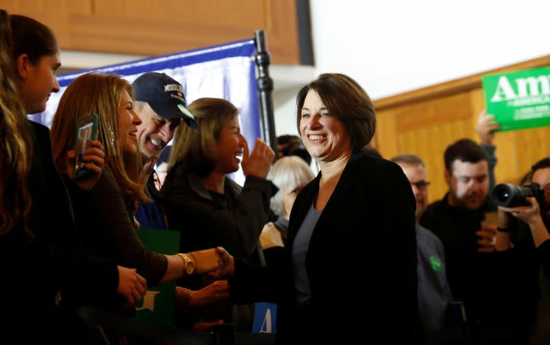 Democratic U.S. presidential candidate and U.S. Senator Amy Klobuchar greets supporters at a campaign event at Founders Hall in Charleston